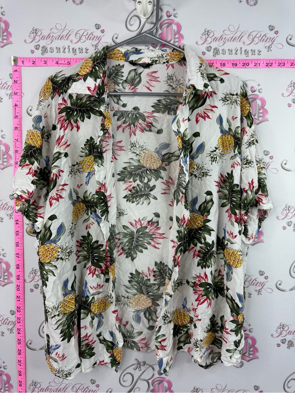 Coofandy shirt White Tropical Pineapple Print Button-Front Shirt